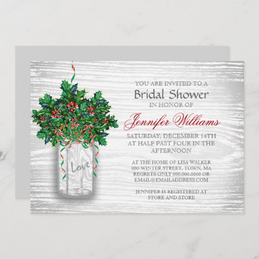 Mason Jar Holly Berry Rustic Winter Vrijgezellenfe Kaart (Voorkant / Achterkant)