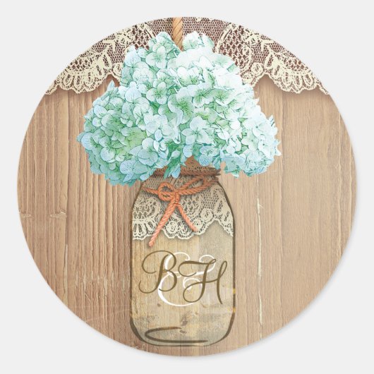 Mason Jar Hydrangea Bloemen Rustieke Bruiloft Ronde Sticker (Voorkant)
