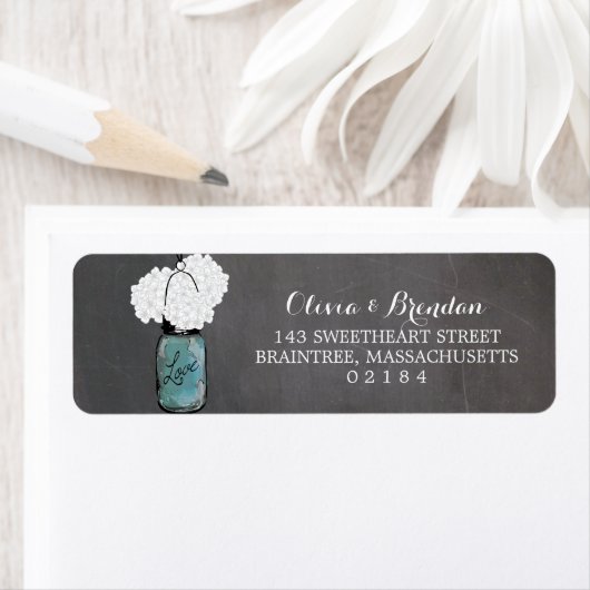 Mason Jar Hydrangeas Chalkboard retouradres Etiket (Insitu)
