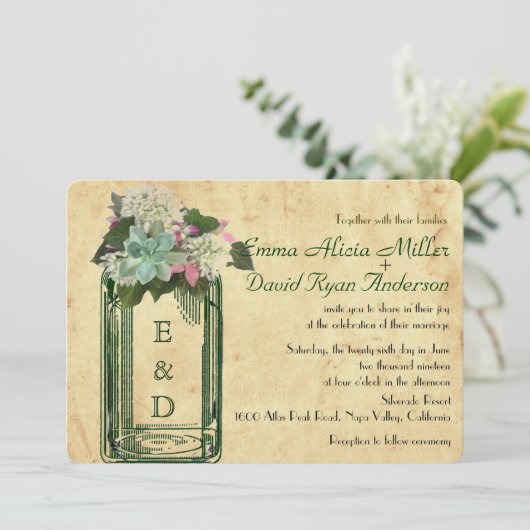 Mason Jar Hydrangeas Succulent Bruiloft Uitnodigen Kaart (Staand voorkant)