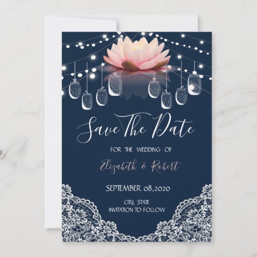 Mason Jar, Kant, Lotus Navyblauw Bewaar De Datum Save The Date (Voorkant)
