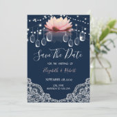 Mason Jar, Kant, Lotus Navyblauw Bewaar De Datum Save The Date (Staand voorkant)