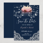 Mason Jar, Kant, Lotus Navyblauw Bewaar De Datum Save The Date (Voorkant / Achterkant)