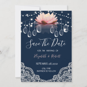 Mason Jar, Kant, Lotus Navyblauw Bewaar De Datum Save The Date
