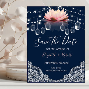 Mason Jar, Kant, Lotus Navyblauw Bewaar De Datum Save The Date
