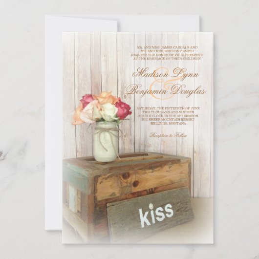 Mason Jar Kiss Wood Rustic Country Wedding Invites Kaart (Voorkant)