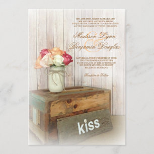 Mason Jar Kiss Wood Rustic Country Wedding Invites Kaart