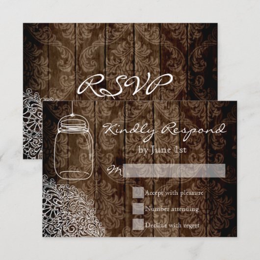 Mason Jar Lace Barn Wood Wedding RSVP-kaarten RSVP Kaartje (Voorkant / Achterkant)