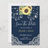 Mason Jar, Lace, Sunflower Navy Blue Save the Date (Voorkant)