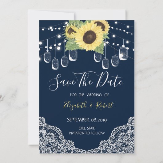 Mason Jar, Lace, Sunflower Navy Blue Save the Date (Voorkant)