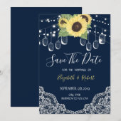 Mason Jar, Lace, Sunflower Navy Blue Save the Date (Voorkant / Achterkant)