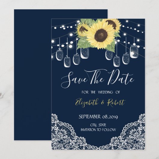 Mason Jar, Lace, Sunflower Navy Blue Save the Date (Voorkant / Achterkant)