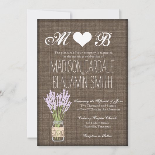 Mason Jar Lavender Rustic Burlap Wedding Invites Kaart (Voorkant)