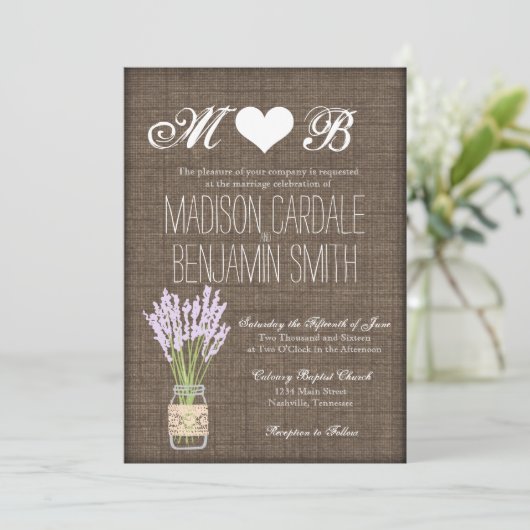 Mason Jar Lavender Rustic Burlap Wedding Invites Kaart (Staand voorkant)