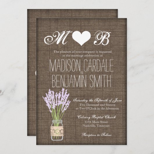 Mason Jar Lavender Rustic Burlap Wedding Invites Kaart (Voorkant / Achterkant)