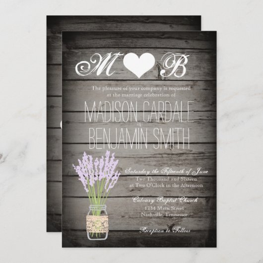 Mason Jar Lavender Rustiek Hout Huwelijksuitnodigi Kaart (Voorkant / Achterkant)