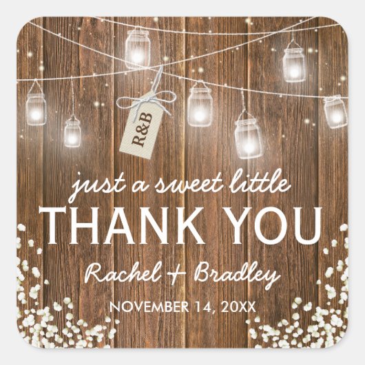 Mason Jar Lichten Rustic Babys Adem Bruiloft Vierkante Sticker (Voorkant)