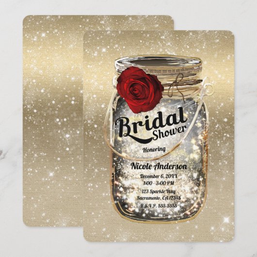 Mason Jar Lichtjes & Rode Roos Bruidsdouche Kaart (Voorkant / Achterkant)