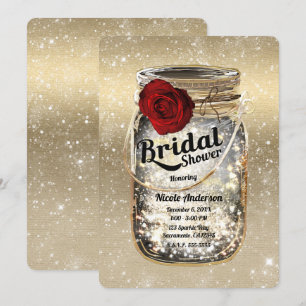 Mason Jar Lichtjes & Rode Roos Bruidsdouche Kaart