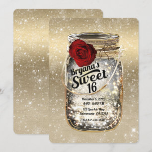 Mason Jar Lichtjes & Rode Roos Sweet 16 Kaart