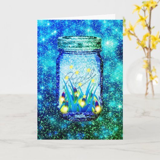 Mason jar lightning bug glanzend firefnet kaart (Gele Bloem)
