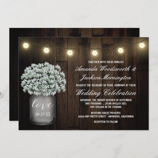 Mason Jar Lights Babys Breath Bruiloft Uitnodiging (Voorkant / Achterkant)