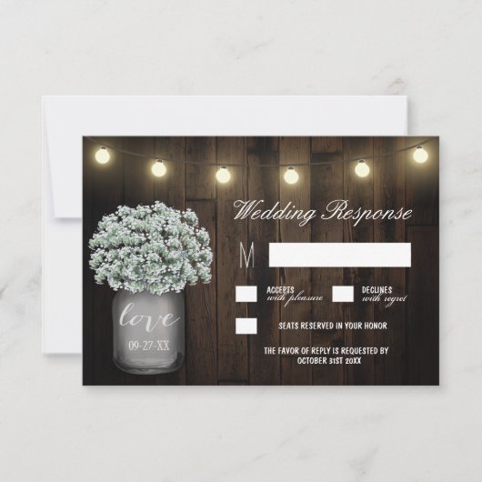 Mason Jar Lights Babys Breath Wedding RSVP Kaarten (Voorkant)