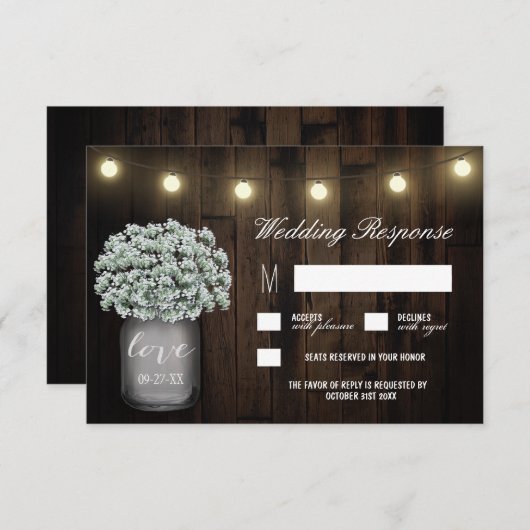 Mason Jar Lights Babys Breath Wedding RSVP Kaarten (Voorkant / Achterkant)