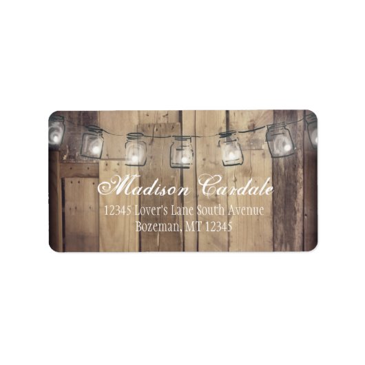 Mason Jar Lights Barn Wood Weddenschap Adresetiket Etiket (Voorkant)