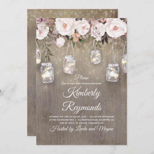 Mason Jar Lights Bloemen Rustiek Baby shower Kaart (Voorkant / Achterkant)