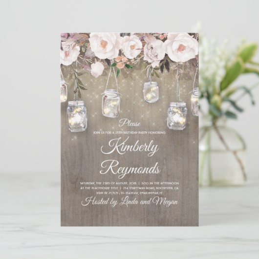 Mason Jar Lights Bloemen Rustiek Verjaardagsfeest Kaart (Staand voorkant)