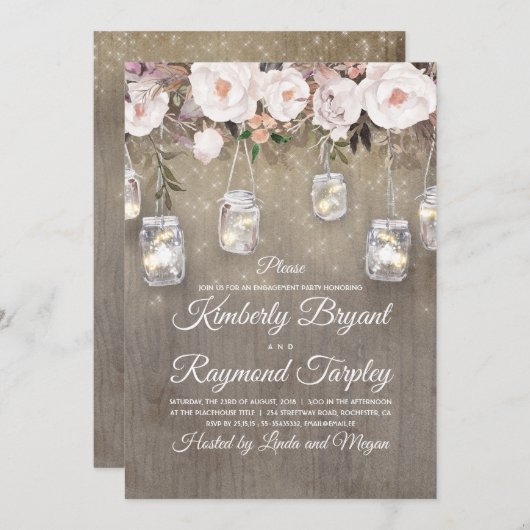 Mason Jar Lights Bloemen Rustiek Verlovingsfeest Kaart (Voorkant / Achterkant)