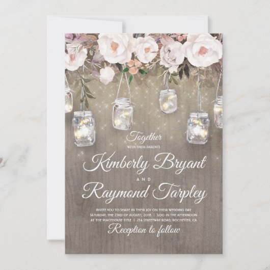 Mason Jar Lights Bloemen Rustieke Bruiloft Kaart (Voorkant)