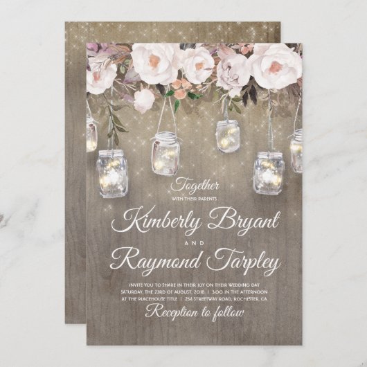 Mason Jar Lights Bloemen Rustieke Bruiloft Kaart (Voorkant / Achterkant)