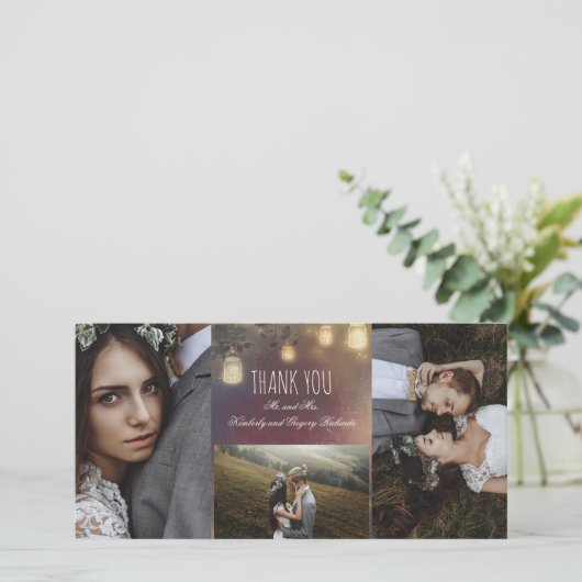 Mason Jar Lights Branches Rustieke bruiloft Bedankkaart (Staand voorkant)