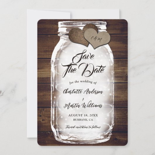 Mason Jar Lights Burlap Hearts Barn Wood Wedding Save The Date (Voorkant)