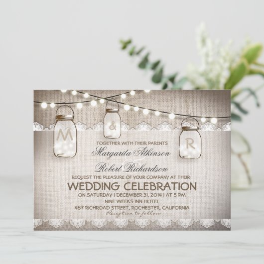 Mason Jar Lights - Burlap Lace Rustieke bruiloft Kaart (Staand voorkant)