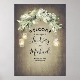 Mason Jar Lights en Greenery Wedding Welcome Sign Poster