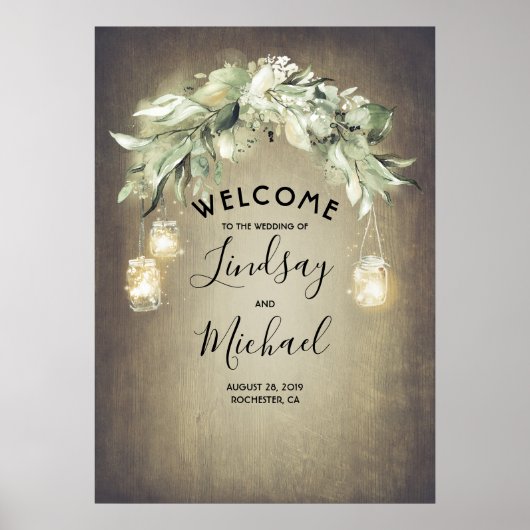 Mason Jar Lights en Greenery Wedding Welcome Sign Poster (Voorkant)