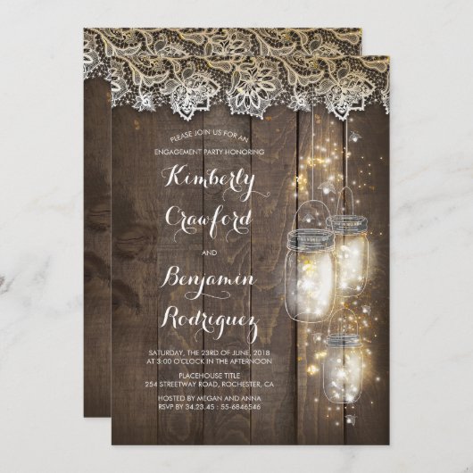 Mason Jar Lights en Lace Rustic Engagement Party Kaart (Voorkant / Achterkant)