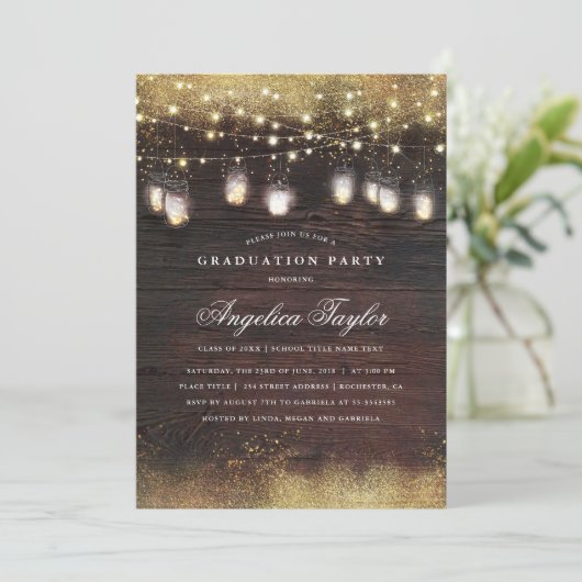 Mason Jar Lights en Rustic Wood Graduation Party Kaart (Staand voorkant)