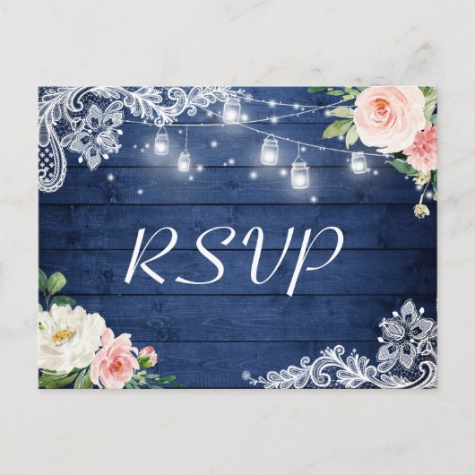 Mason Jar Lights Floral Rustic Blue Wedding RSVP Uitnodiging Briefkaart (Voorkant)