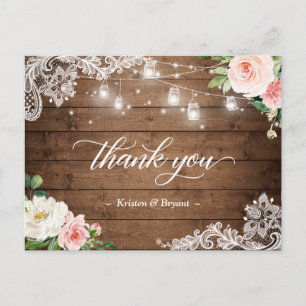 Mason Jar Lights Floral Rustic Wedding Bedankt Briefkaart