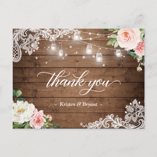 Mason Jar Lights Floral Rustic Wedding Bedankt Briefkaart (Voorkant)