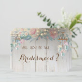 Mason Jar Lights, Flowers, Wood Bridesmaid Kaart (Staand voorkant)