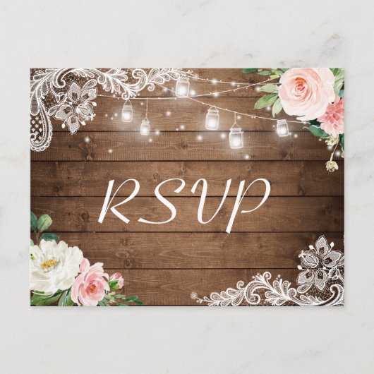 Mason Jar Lights Lace Floral Rustic Wedding RSVP Uitnodiging Briefkaart (Voorkant)