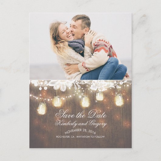 Mason Jar Lights Lace Rustieke foto Save the Date Aankondigingskaart (Voorkant)