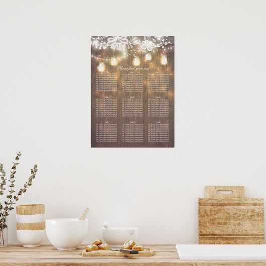 Mason Jar Lights Lace Wood Wedding Seding Chart Poster (Keuken)