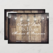 Mason Jar Lights Rusti Wood Save the Date Briefkaa Aankondigingskaart (Voorkant / Achterkant)