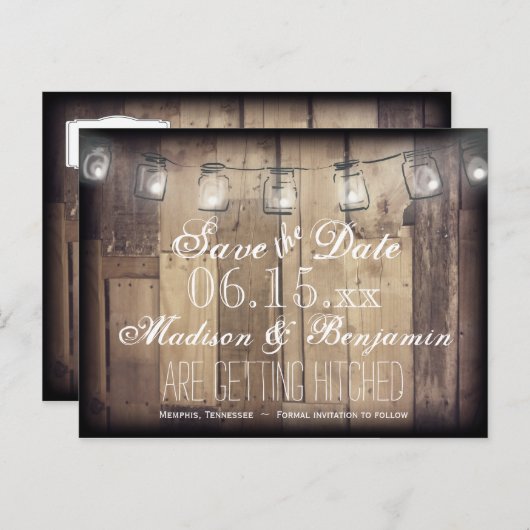 Mason Jar Lights Rusti Wood Save the Date Briefkaa Aankondigingskaart (Voorkant / Achterkant)